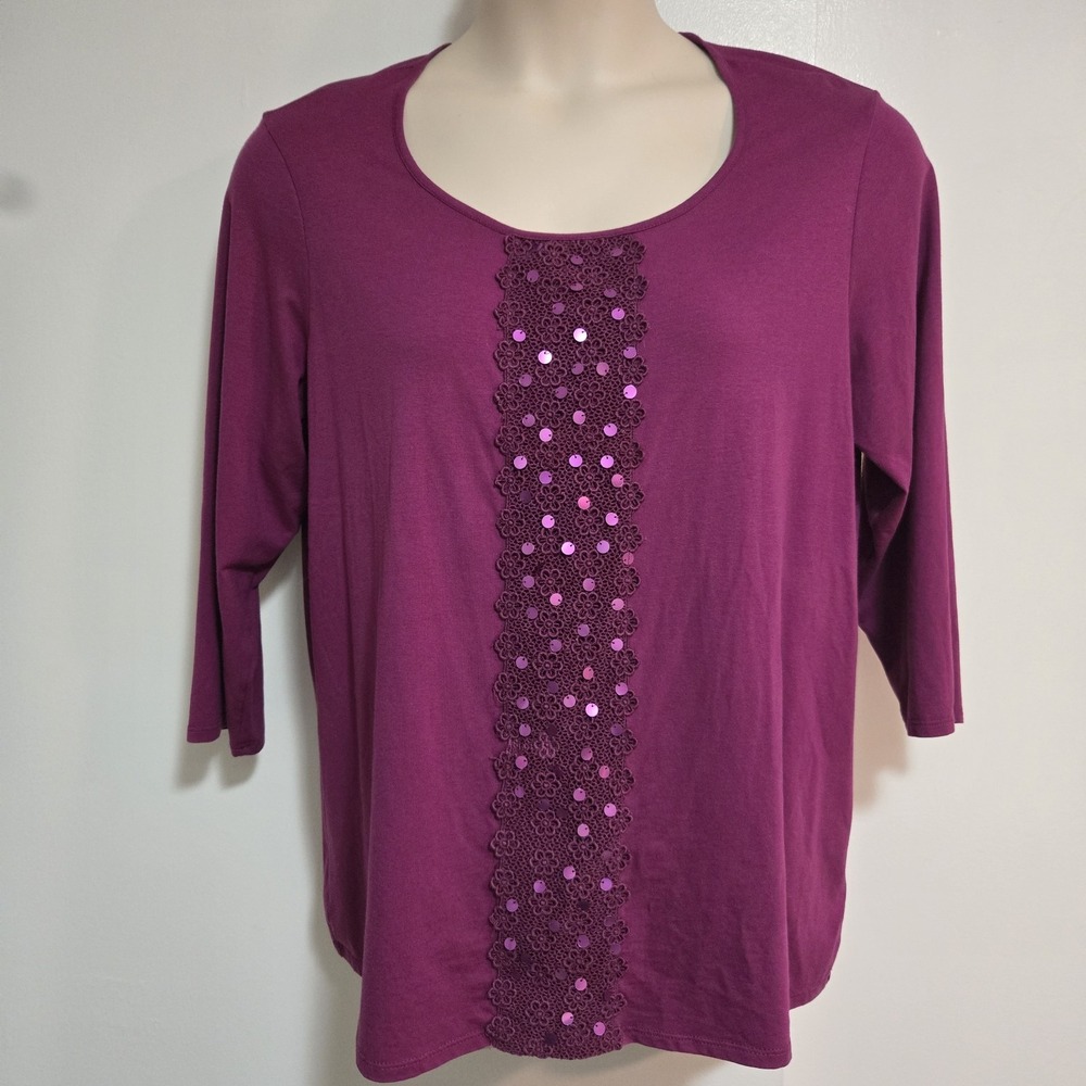 Coldwater Creek Size 1X Raspberry Pink Cotton Round Neck 3/4 Sleeve Sequin Top